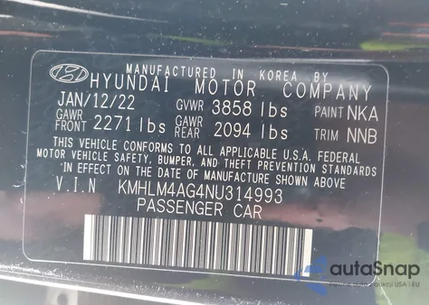 2022 Hyundai Elantra Sel z USA, uszkodzony, nr VIN KMHLM4AG4NU314993